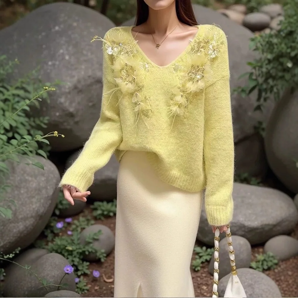 

Mixed Wool Knitted Sweater V-Ne Lazy Sle Autumn Winter Thiened Casual Faion Floral 3D Embroidery Women's Premium Sweater