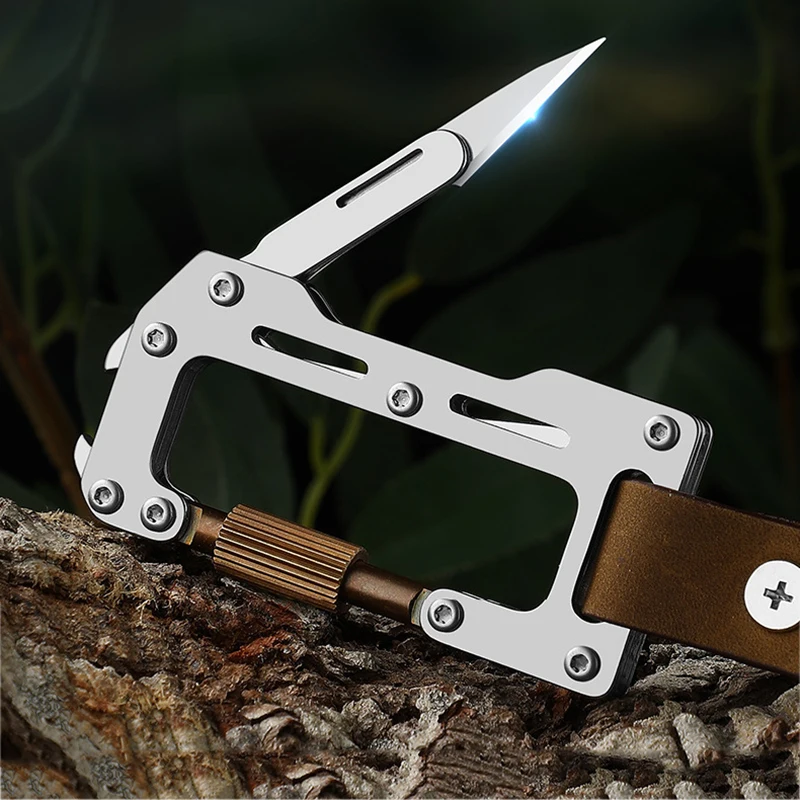 Stainless Steel Climbing Buckle Scalpel Mini Folding Knife Replaceable Blade Multi-function Bottle Opener Key Chain EDC Tool