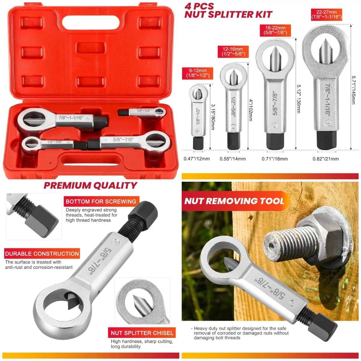 

4PCS Metal Nut Splitter Set Heavy Duty Nut Remover Tool for Corroded Stuck Nuts