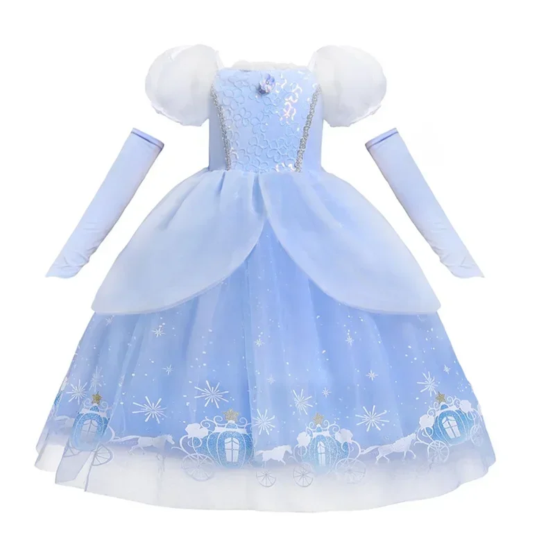 Cinderella Princess Cosplay Dress for Girl Kids Ball Gown Sequin Carnival Puff Sleeve Mesh Clothing for Birthday Party Vestidos