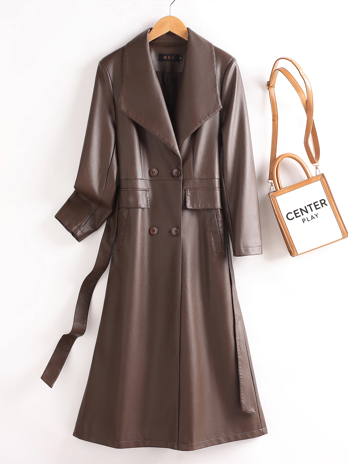 

Женское пальто Ning из натуральной овчины средней длины с поясом, новинка 2025 года, высококачественная элегантная ветровка