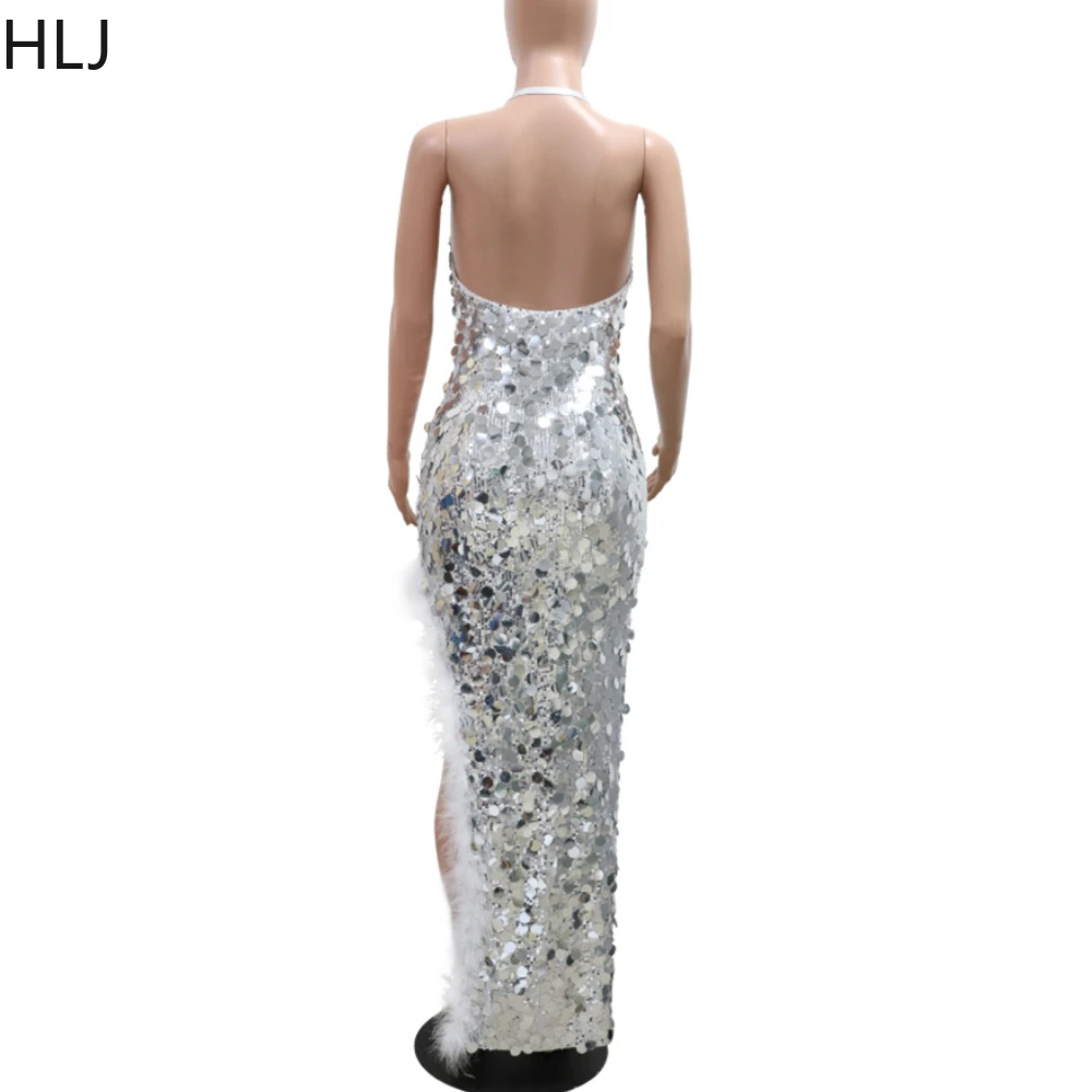 HLJ Sexy Sequin Halter Irregular Evening Party Dresses Women Feather Splicing Bodycon Vestidos Fashion Sparkling Slim Clothing