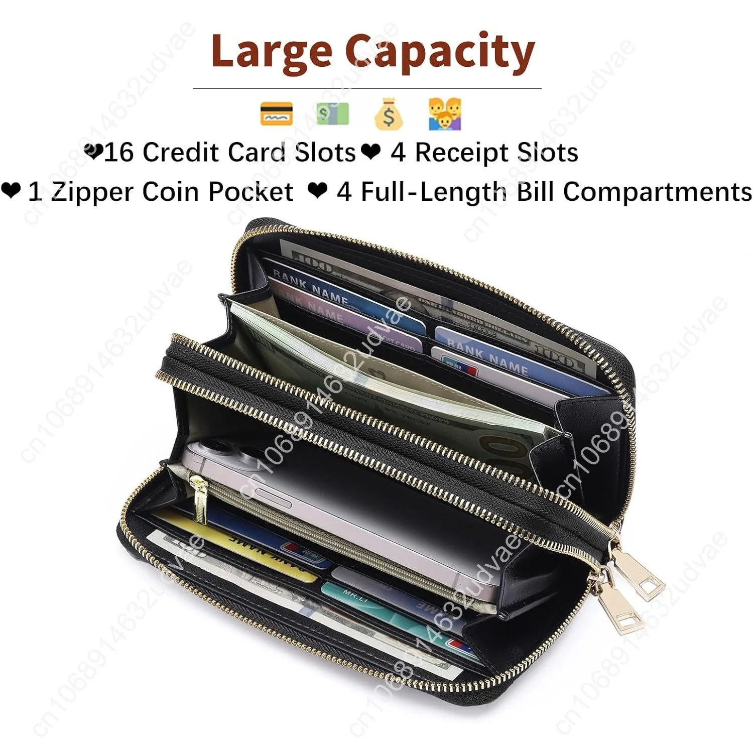GOIACII Women's Wallet Large Capacity Double Zip Ladies Card Phone Holder RFID Blocking Wristlet Leather