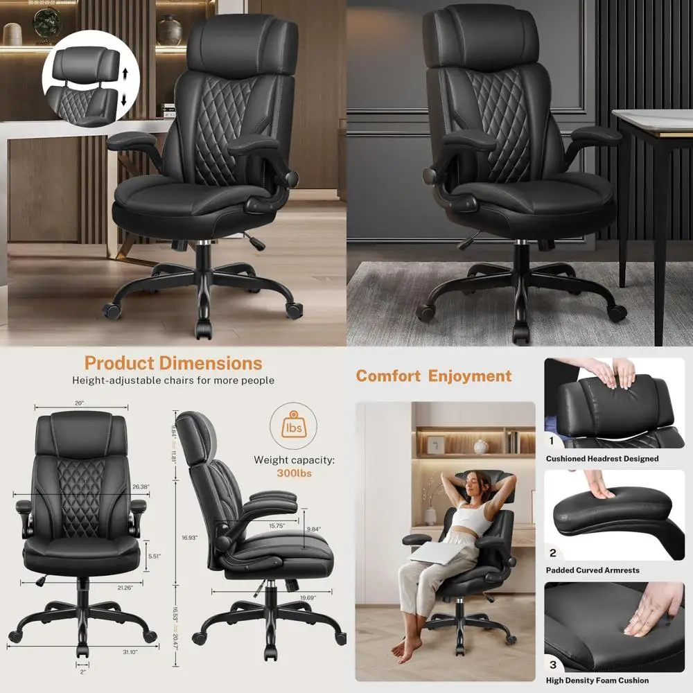 كرسي مكتب جلدي تنفيذي مريح مع أذرع قابلة للطي، ودعم قطني، ومسند رأس قابل للتعديل، وراحة مكتب الكمبيوتر #1