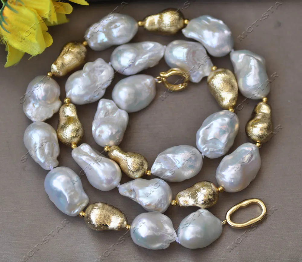 Z13124 Set 24mm White Baroque Keshi Reborn Pearl Gold-Plated Peasecod Necklace Bracelet Earring