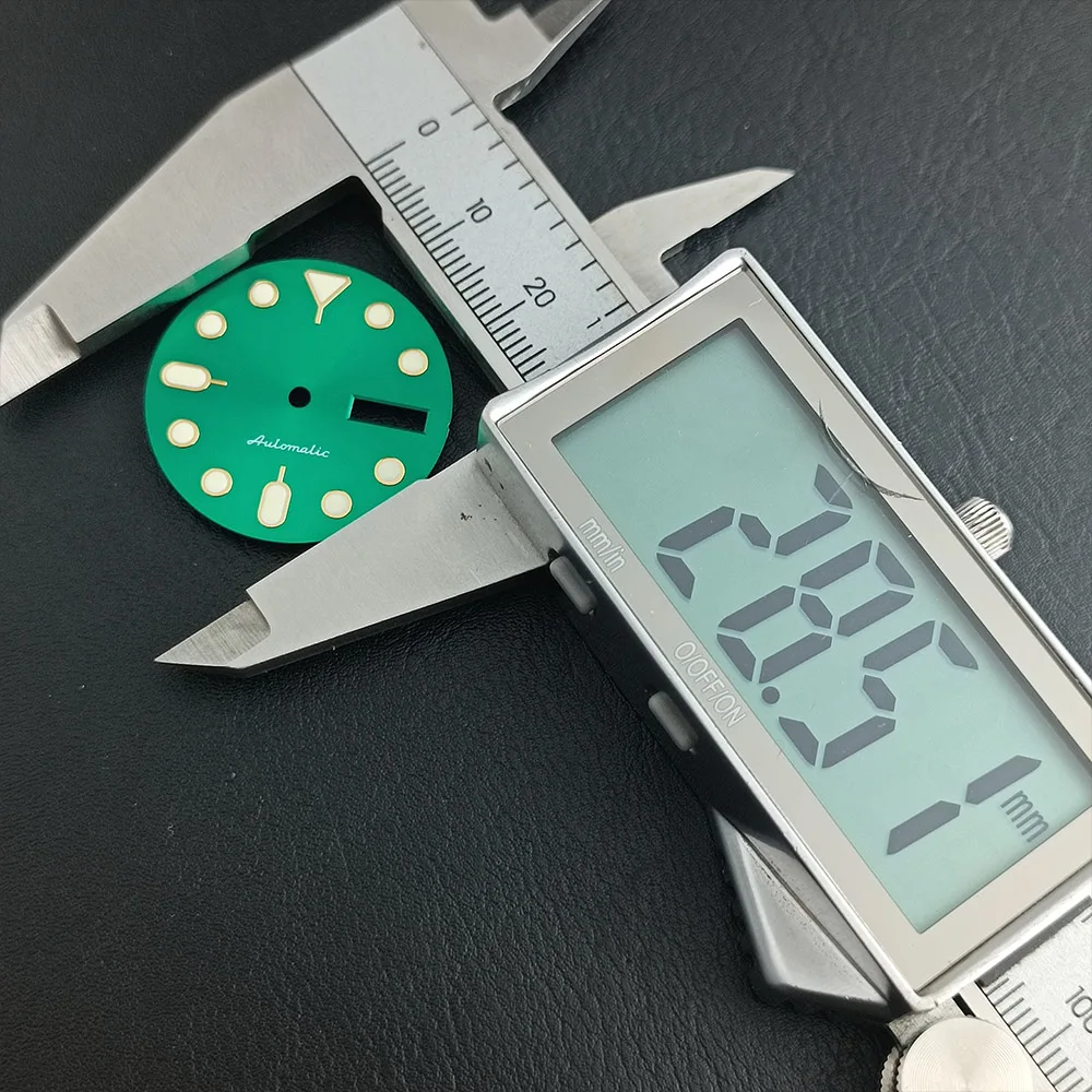28.5MM Dual Calendar Watch Dial and Hands, Green Illuminated Pointer Dial, Suitable for NH35/NH36 Movements