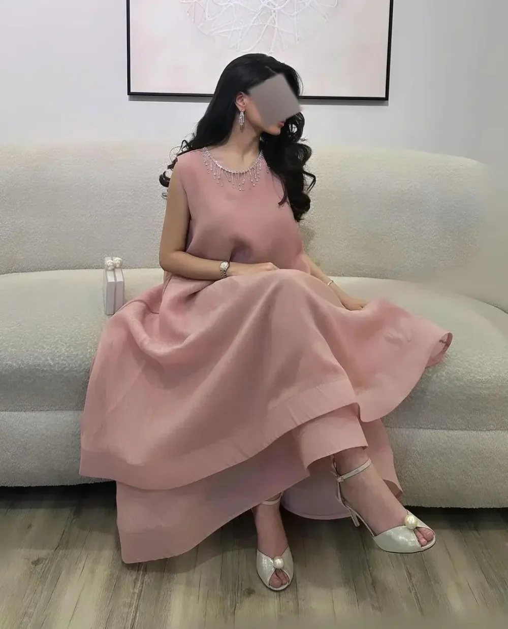 

Customized Exquisite Simple Crew neck Evening Dresses Sleeveless Zipper Back Prom Dresses A-line Beadings Tea-Length Party Dress