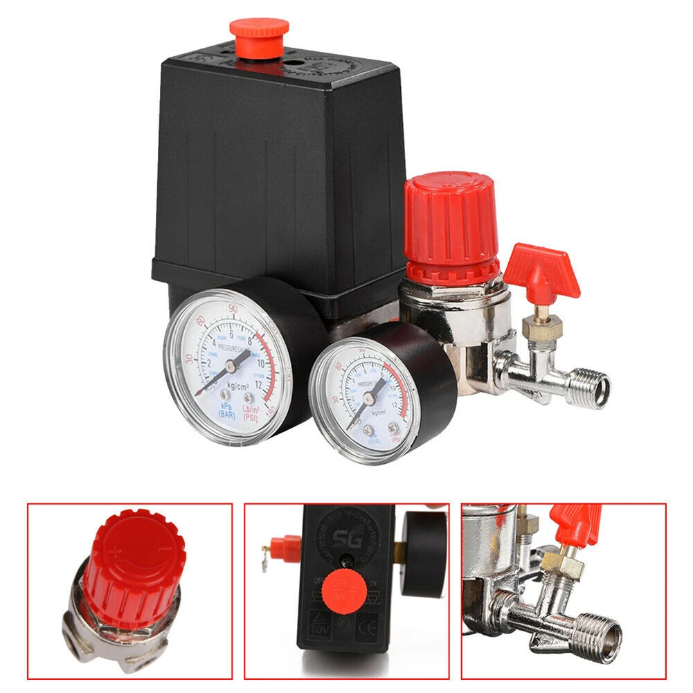 

Air Compressor Pump Pressure Control Switch 4 Port 240V Manifold Relief Regulator 90-120PSI Control Valve With Gauge