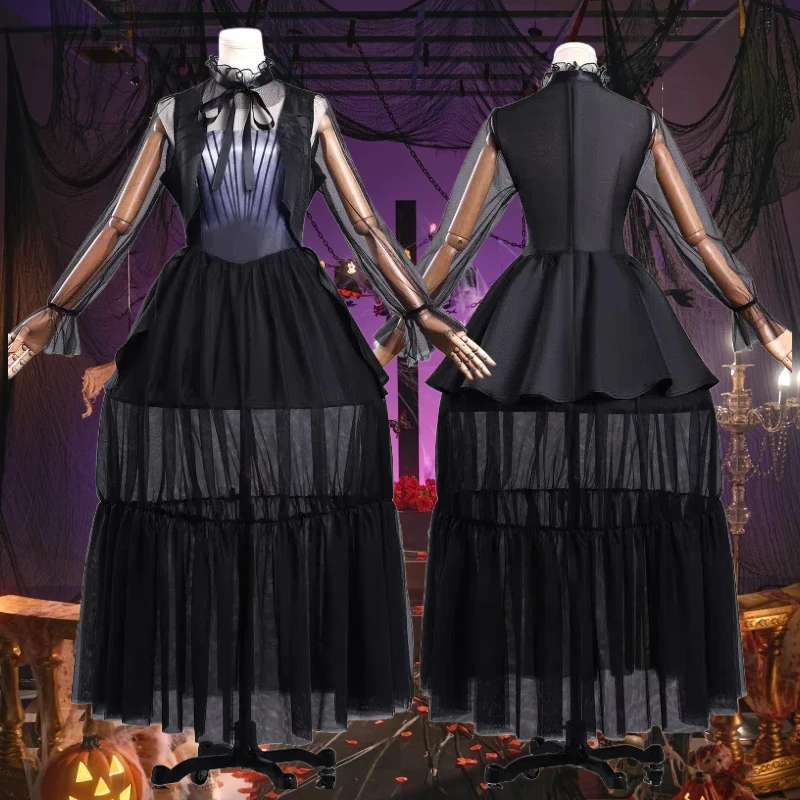 

Scary Movie Black Dress Cosplay Addams Evening Gown Tulle Skirt Dance Wear Role Play Outfit Women Halloween Carnival Party