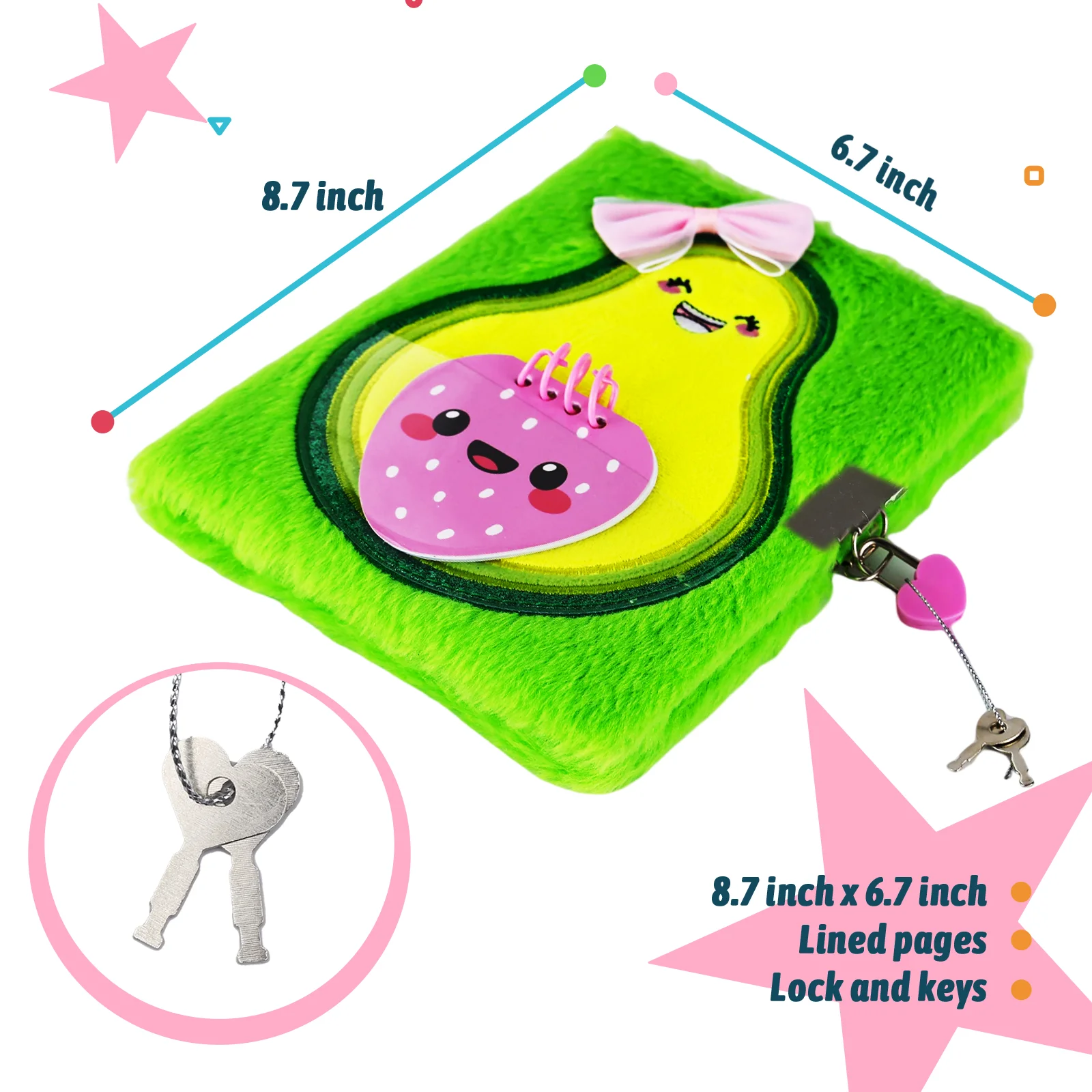 Diary for Girls with Lock and Keys, Cute Avocado Plush Diary Secret Diary, Writing Journal Lined Pages Notebook Side Pocket Desi