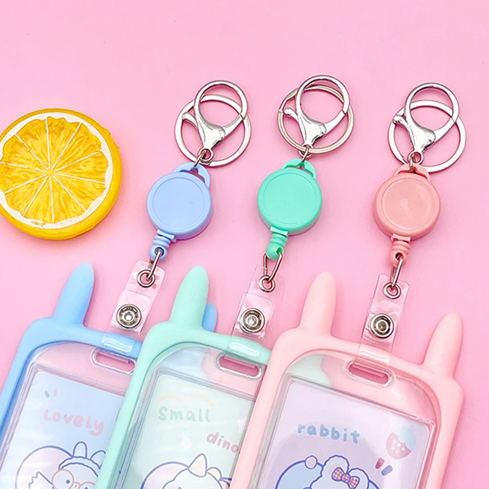 1Pc Cute Cartoon Rabbit Ear Card Case With Retractable Lanyard Waterproof Dustproof Plastic Card Holder ID Bank Card Decoration
