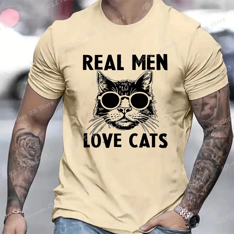 Real Men Loves Cats Print T-shirts For Men, Funny Cat Shirts, Cat Dad T-shirt, Summer Casual Short Sleeve Tees, Men's Clothing