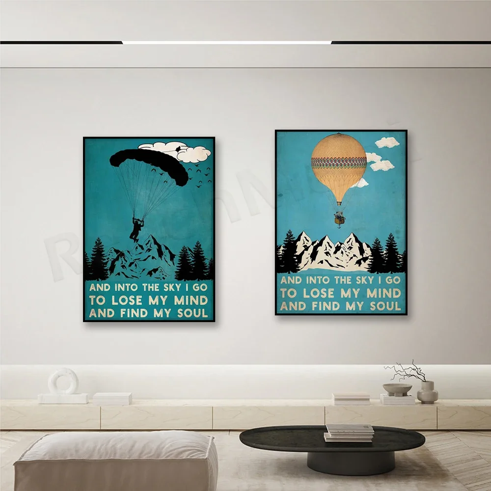 Retro hot air balloon poster, paraglider poster, skydiver, go into the sky, I'll lose my mind, fly, follow your dreams, gift