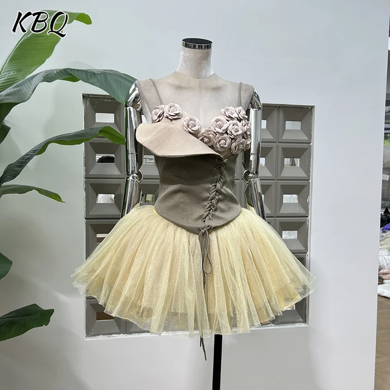 

KBQ Chic Elegant Two Piece Sets for Women Square Collar Sleeveless Tunic Floral Vest High Waist Mesh Skirt Hit Color Set Female