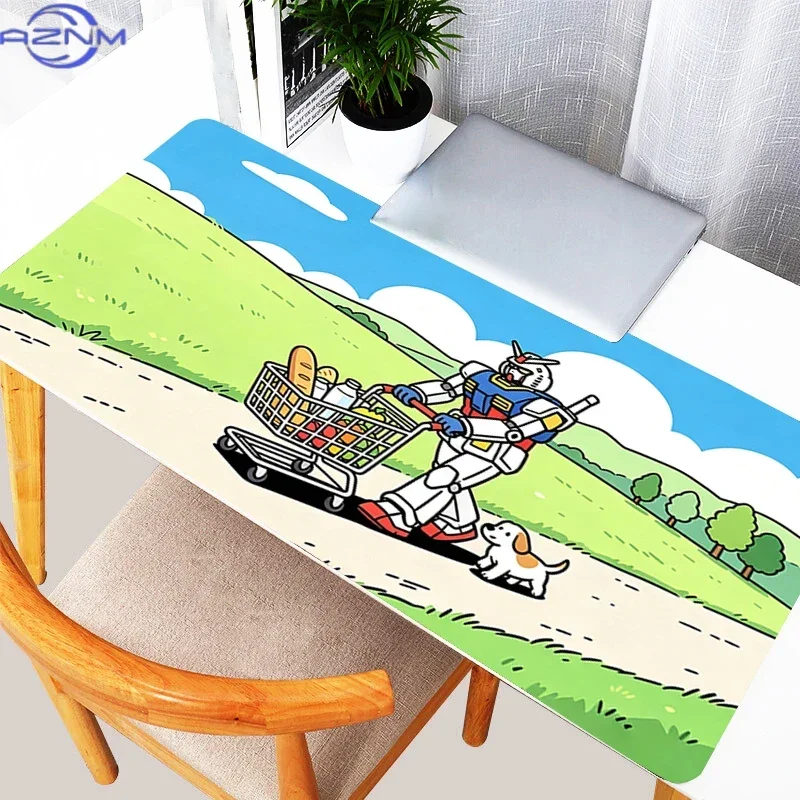 Cartoon Night Lawn Scene Cute Mecha and Puppy Holding Sparkler Mouse Pad, Rubber Non Slip Backing, Smooth Surface Gaming Desk Ma