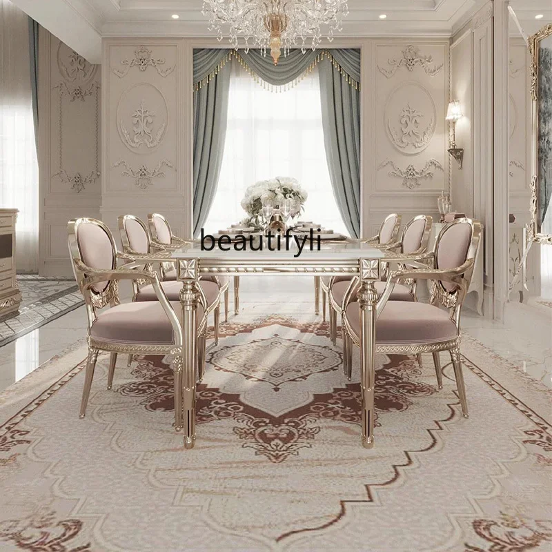yj32 Retro small French solid wood dining table luxury, restaurant rectangular marble dining table dining chair