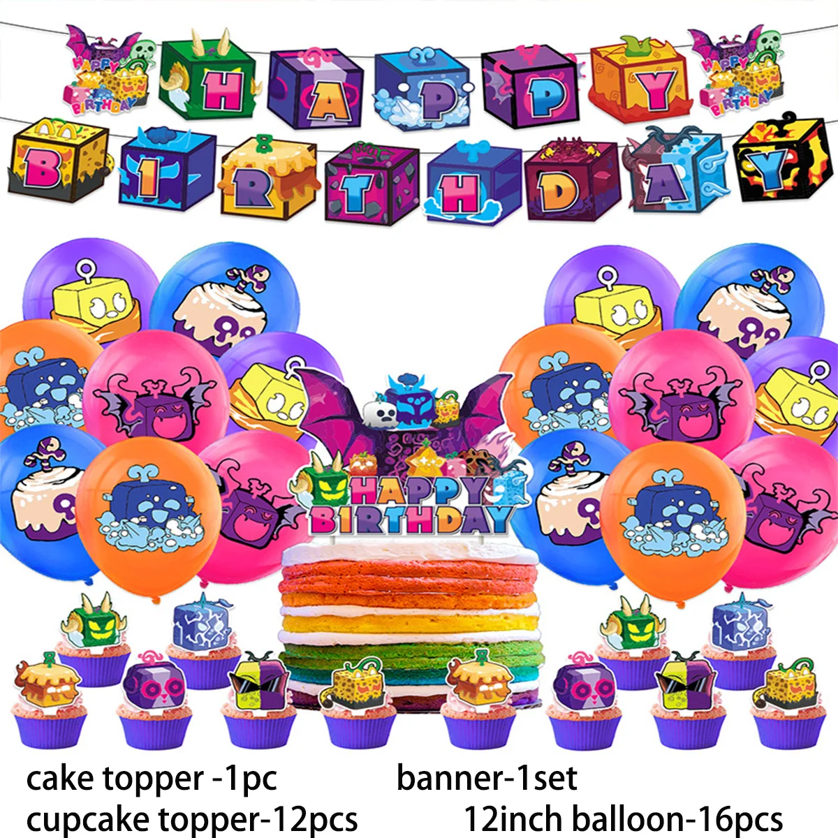 Umi Game Blox Fruits Theme Birthday Party Supplies Decorative Blox Fruits Balloon Banner Backdrop Cake Topper Kids Party Gifts