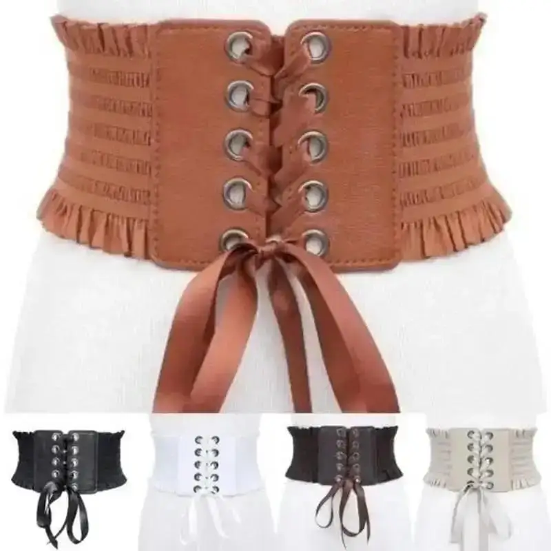 Women Gothic Corset Waist Belt Wide Black PU Leather Elastic Cincher With Heart Detail For Dress Costume Party Fashion Accessory