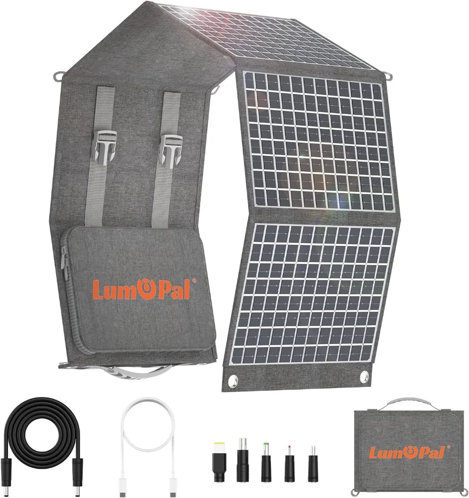 

Foldable Solar Panel, LUMOPAL 60W Portable Solar Panels Folding Solar Charger with PD60W USB-C 5V USB-A QC3.0 DC18-20V