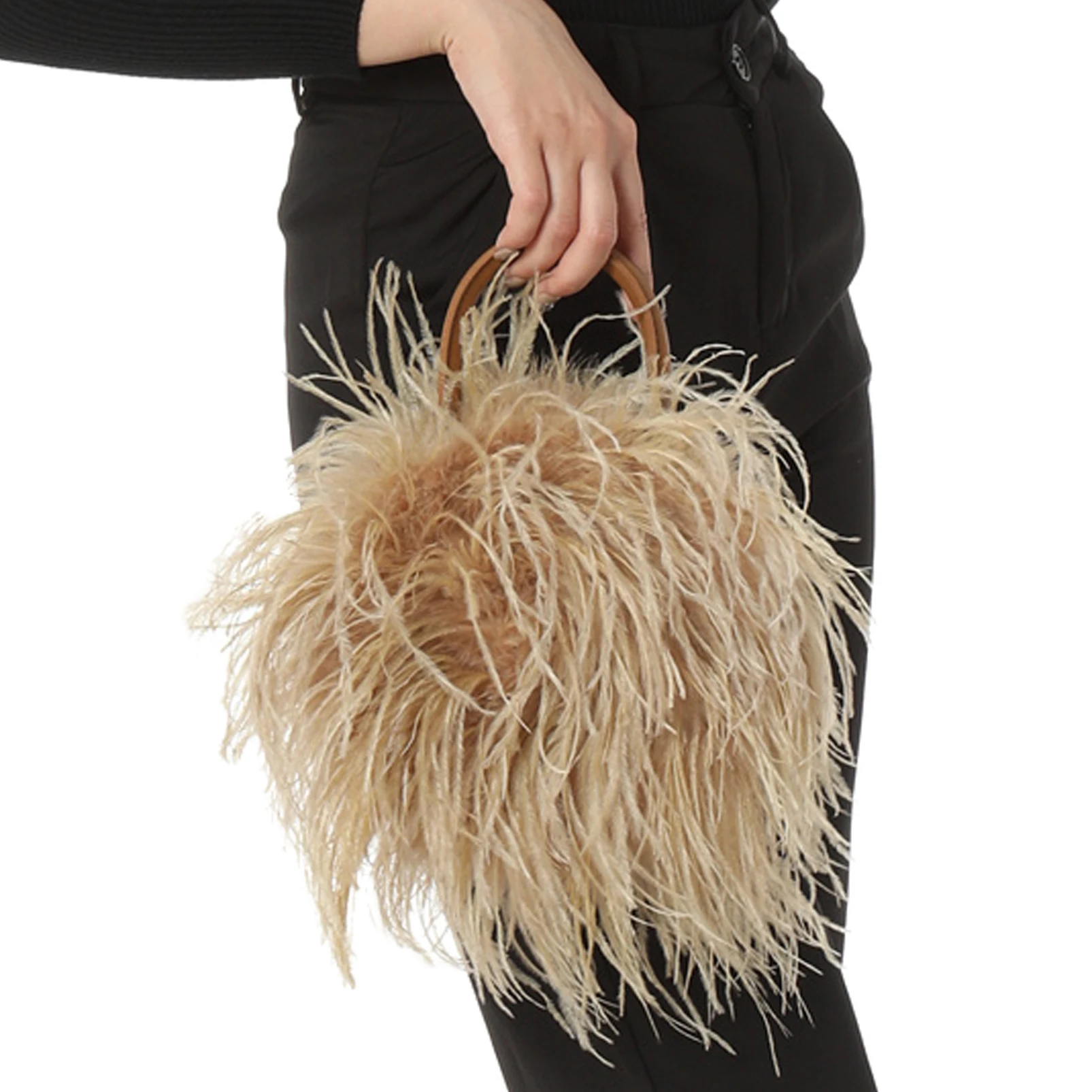 2024 Real Natural Ostrich Feather Mini Handbag Furry Fluffy Women Change Purse For party Leather handle clutch bag Peach Fuzz