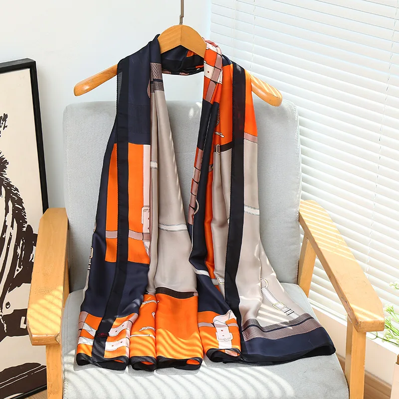 180*90cm Luxury Classic Sun Protection Women Silk Scarves Female Shawl Chain Print Silk Scarf Lady Wrap Bandanna Muffler Beach image 3