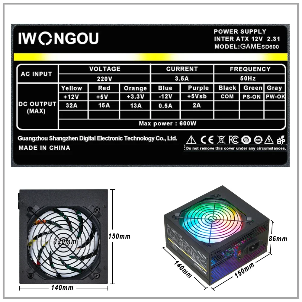 IWONGOU 데스크탑 컴퓨터용 전원 공급 장치, PC 게임용 저소음 피코 PSU 24 핀, 12V GAMESD600, 정격 400W 소스, 600W MAX