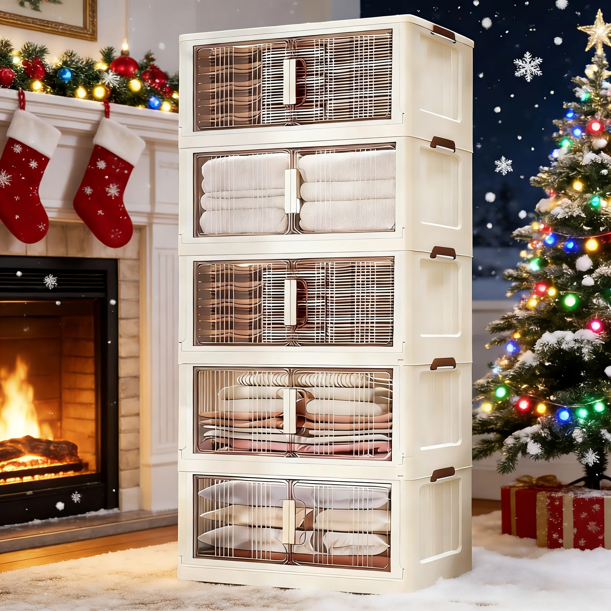 

5-Tier Stackable Plastic Storage Cabinet System - Large Capacity Organizer Bins with Doors & Wheels, Foldable Space-Saving