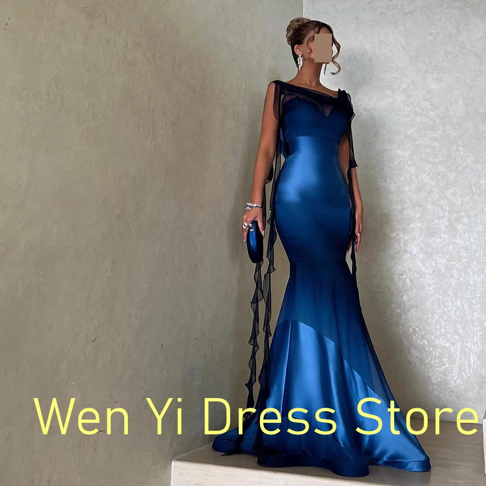 Mermaid see through Satin Formal Sweetheart Evening Dress Floor Length Sleeveless Classic Blue Sweep Train Pleats Robe de soirée