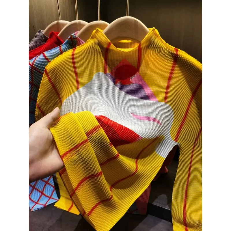 Miyake Pleated T-Shirt Top Summer New Fashion Half High Collar Cartoon Print Pleated Corn Grain Versatile Long Sleeve Shirt