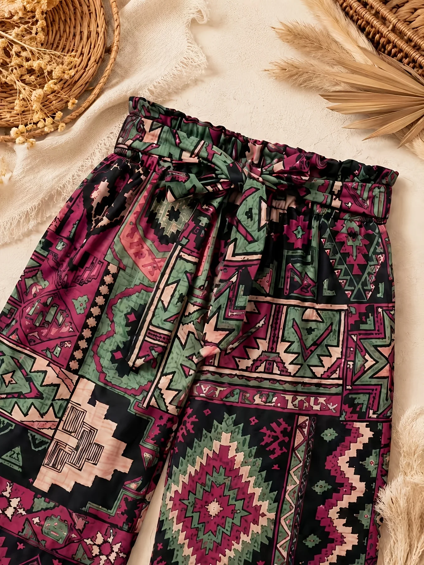 Women Ethnic Geometric Patchwork Print Wide‑Leg Pants, High Waist Elastic Ruffled Waist Bow Tie Draped Casual Trousers