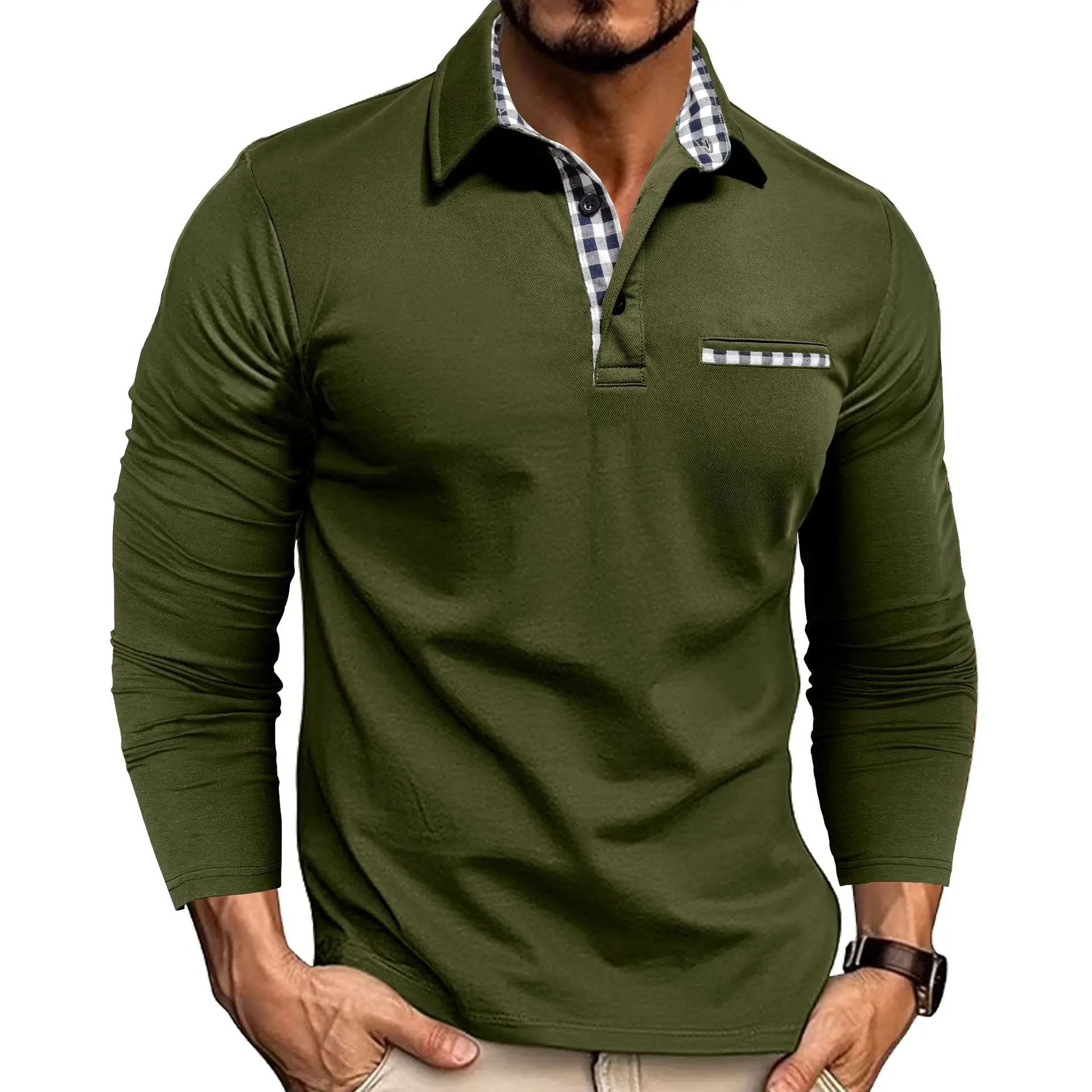

2025 New Casual Fashion POLO Shirt Popular Lapel Long-sleeved Color Matching T-shirt European and American Men's