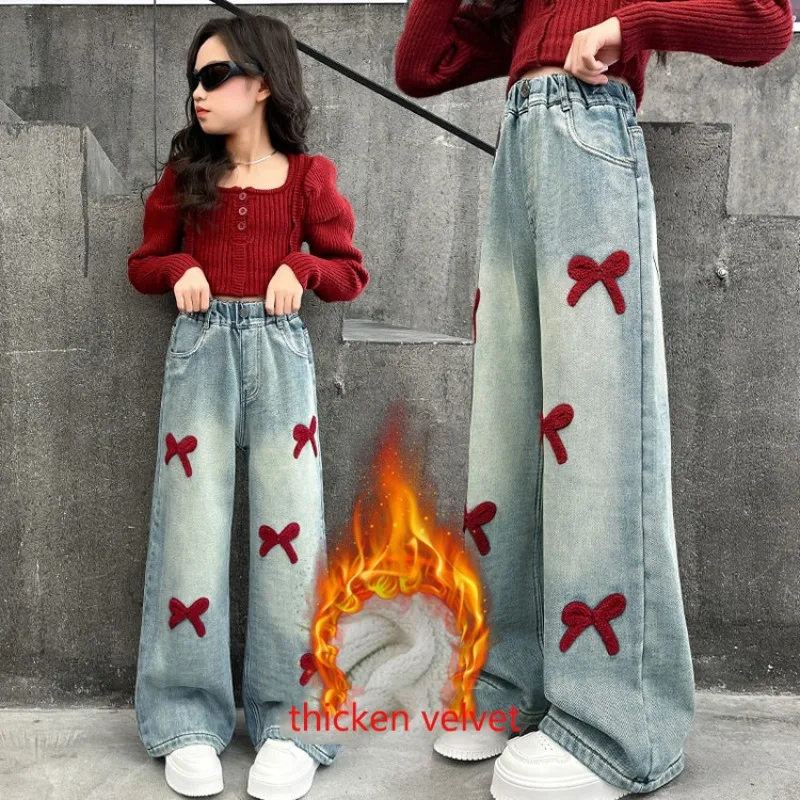 Winter Lamb Velvet Children Jeans for Girls 4-14Yrs Teens Girls Bow Integrated Fleece Denim Pants Loose Autumn Junior Girls Pant