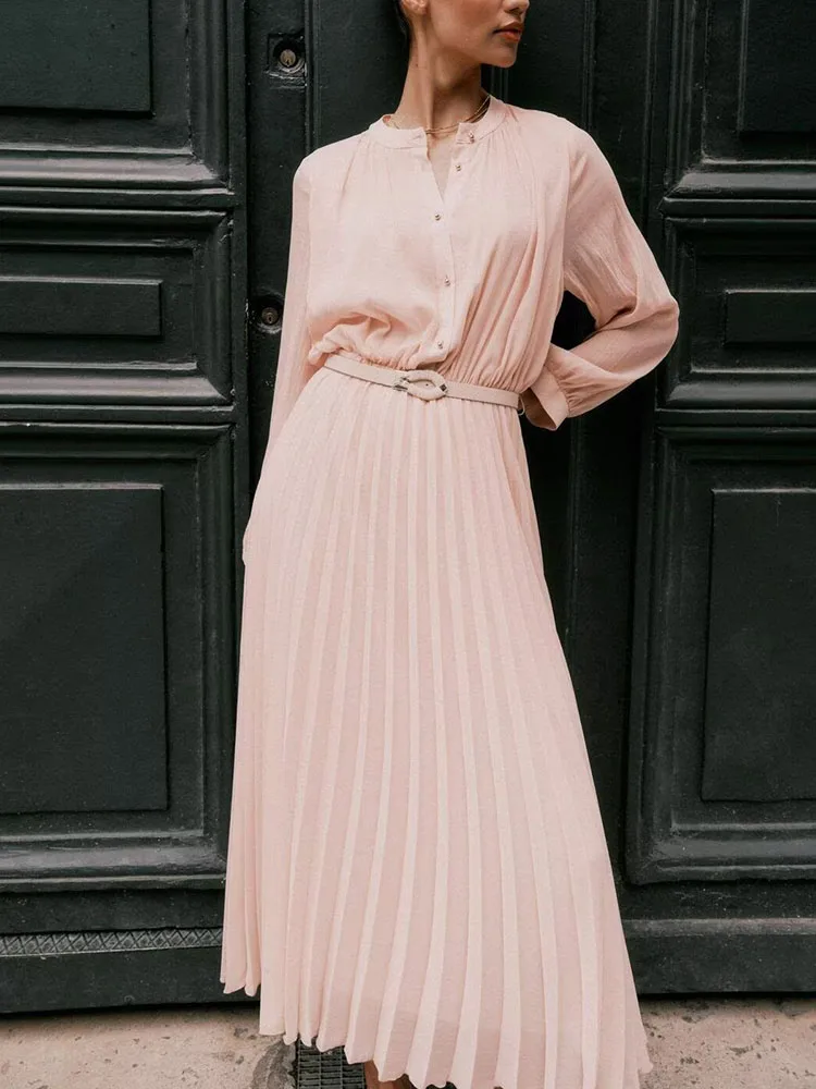 

Ele Long Sve Midi Dr Women's Autumn New Arrival Belted Pleated Slimming Gown TAOFFEN ZA2025 Faionable Stage Costume