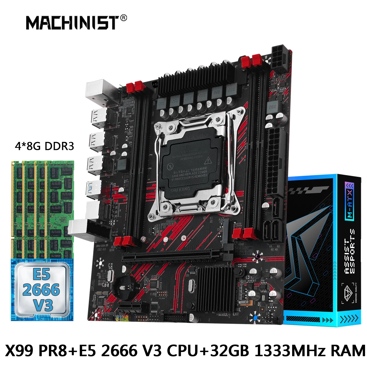 

MACHINIST X99 PR8 Motherboard Combo LGA 2011-3 Xeon Kit E5 2666 V3 CPU Processor DDR3 Memory 4*8GB Support USB 3.0 NVME/SATA M.2