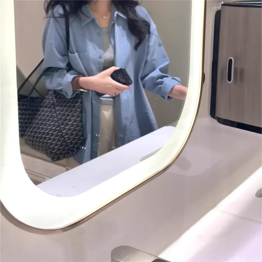 

Французская синяя женская рубашка-поло с длинным рукавом, свободного кроя, в корейском стиле, новинка ранней весны 2025 года, повседневный элегантный топ