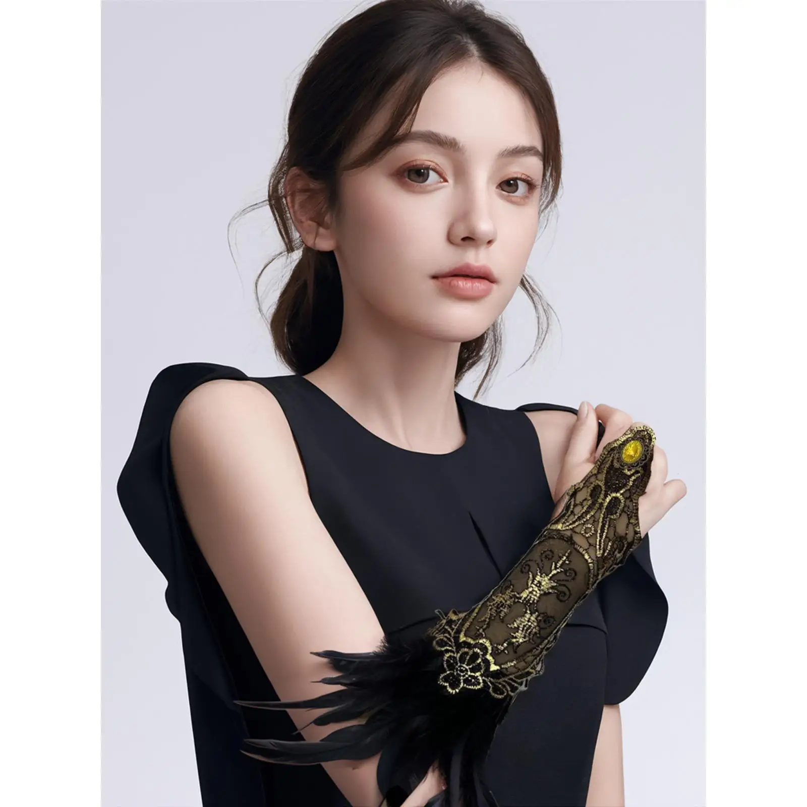 Women Black Fingerless Lace Long Gloves Stretch Mesh Opera Gloves Elbow Length Sleeves Costume Party Gothic Dress Accessory