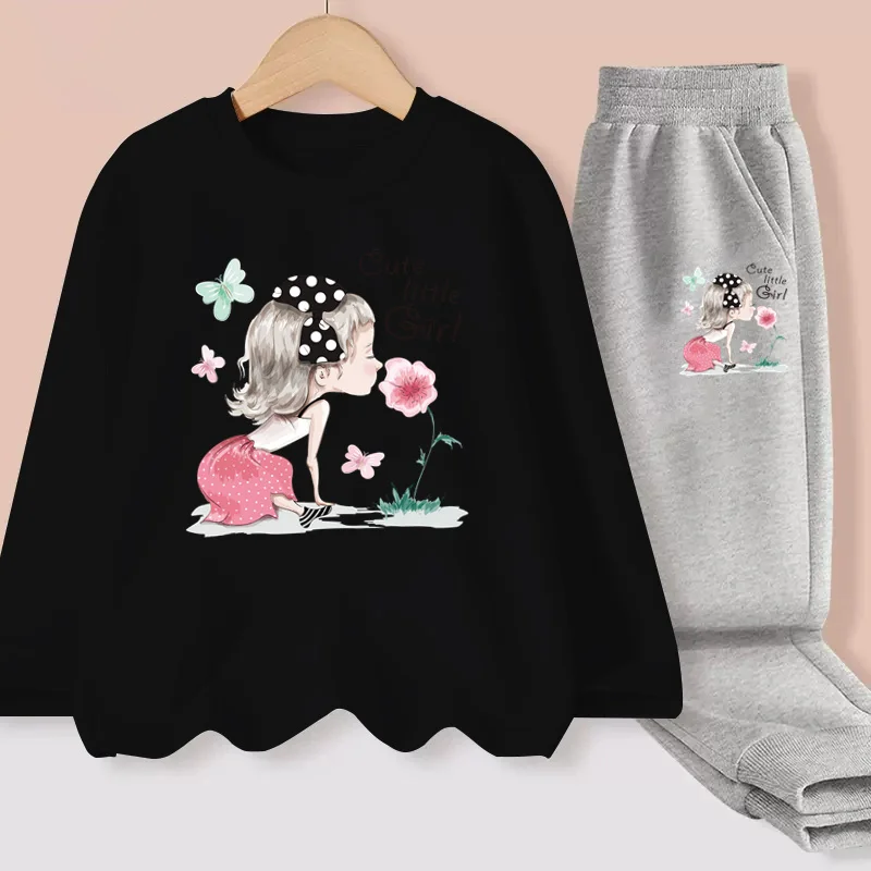 Aimi Lakana Little Girls Casual Dresses Flower Cartoon T-shirt Autumn Cotton Clothing Outfit Kids Long Sleeve Sets 2 Pieces