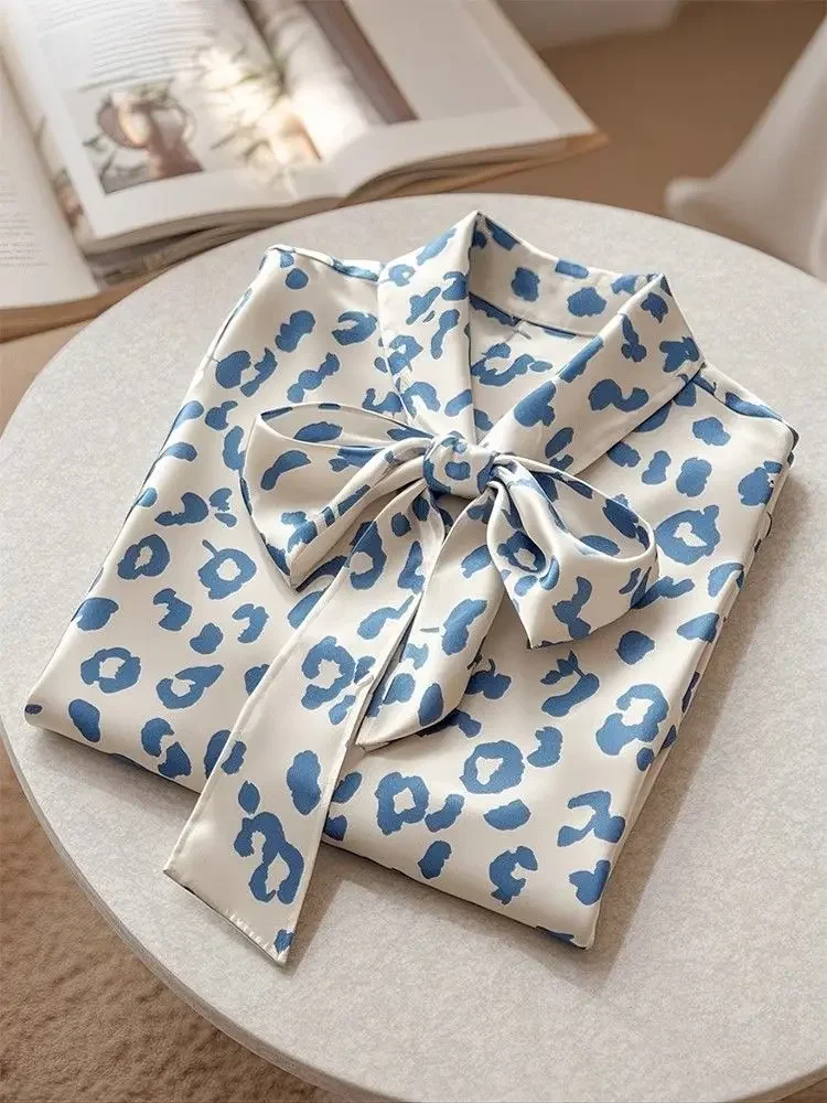 

Y2k Blue Vintage Print Casual Shirts Women Sweet Bow Lace Up Long Sleeve Blouses 2025 Spring New Long Sleeve Tops Mujer