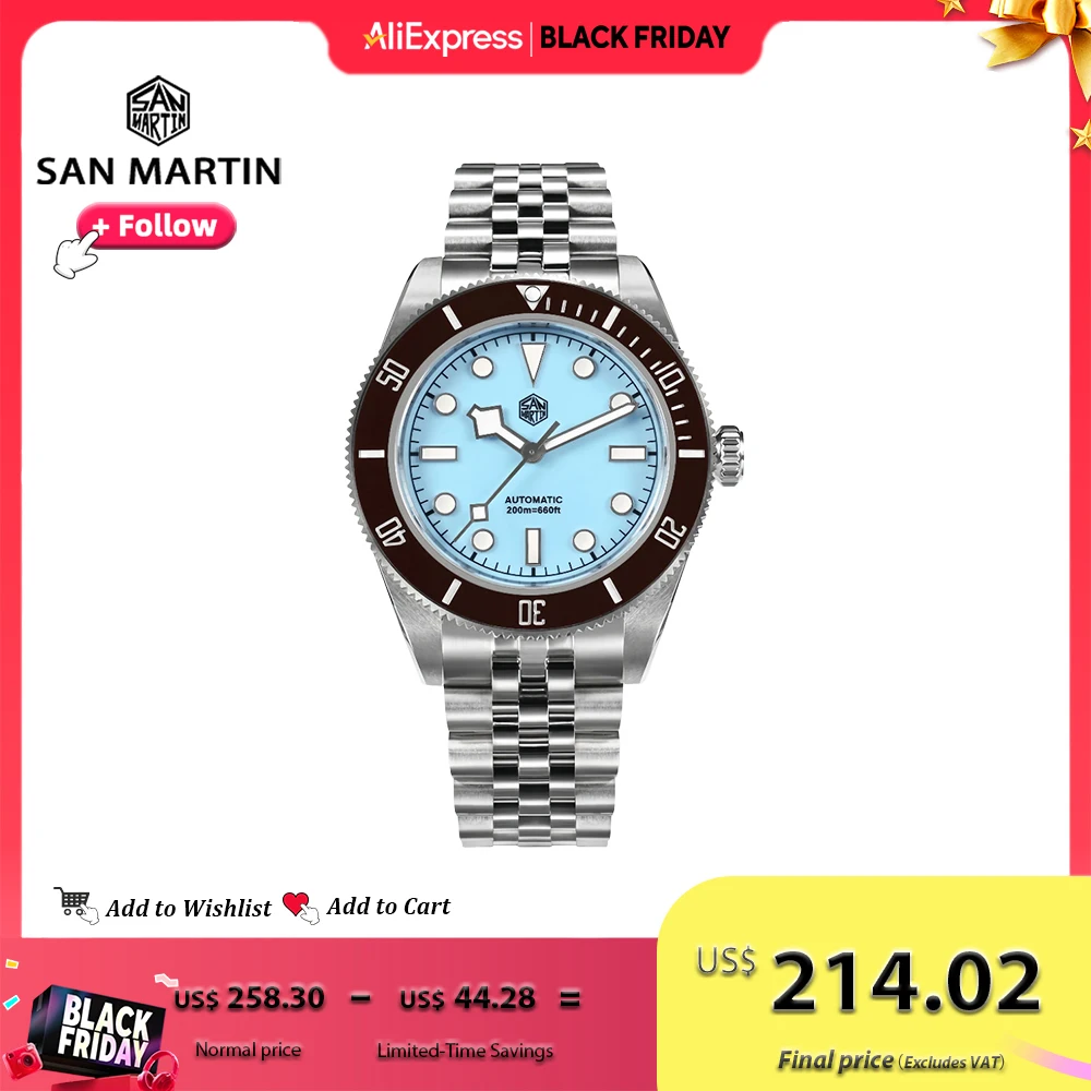 

San Martin 40мм Часы Diver с Эмалевым Циферблатом Светло-Синий Розовый Нержавеющая Сталь NH35 Автоматические Люмесцентные 200м SN0128