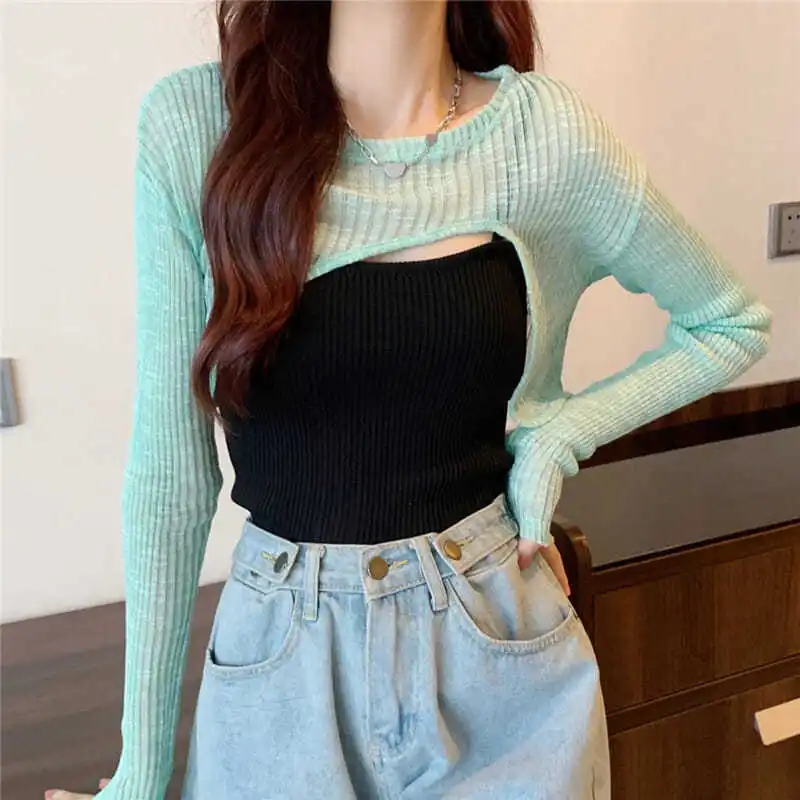 Hot Cropped Shrugs Women Knitwear High Street Long Sleeve O-neck Cool Girls Stylish Solid Color Irregular Female Chic All-match