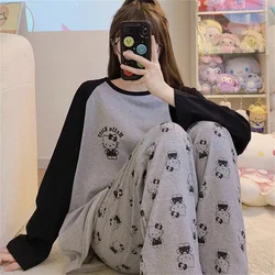 HelloKitty-Pyjama à manches longues imprimé dessin animé pour femme, ensemble de vêtements pour la maison, mignon, gris, Sanrios, KTCat, cadeau pour fille, automne, nouveau