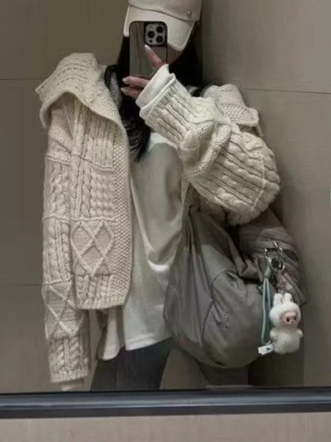 

Winter Thiened Large Needle Knit White Sweater Open Cardigan Women Loose Lazy Sle Korean Version Knitted Top