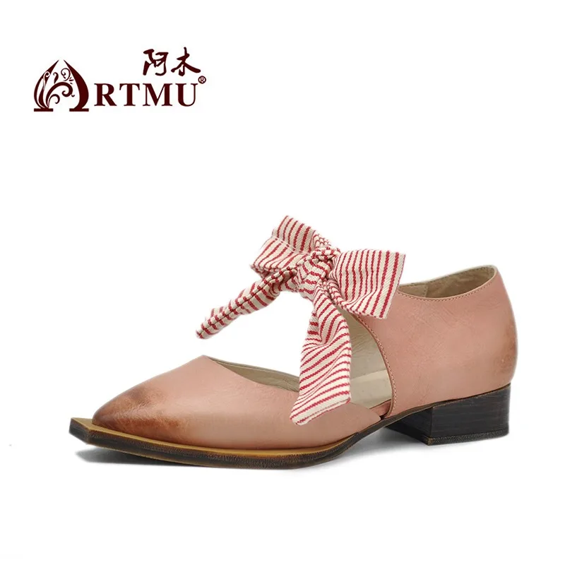 Artmu Original Thick Heel Bow Sandals For Women Closed Toe Slip On Sexy Sandals Genuine Leather Luxury 3cm High Heel Pumps Shoes