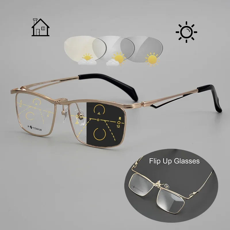 

Retro Titanium Flip Up Photochromic Multifocal Progressive Reading Glasses Men Business Hyperopia EyeGlasses Designer Customized