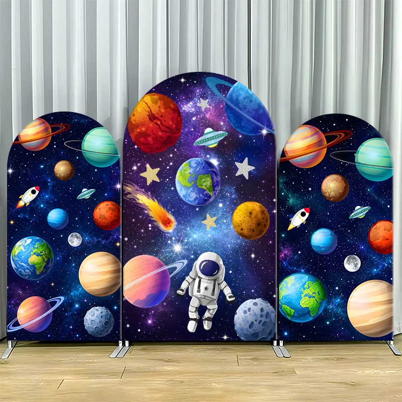 Housse de fond de scène sur le thème de l'espace extérieur, l'arche des astronautes, le système solaire et les planètes, pour la décoration de fête d'anniversaire de garçons sur le thème de l'espace