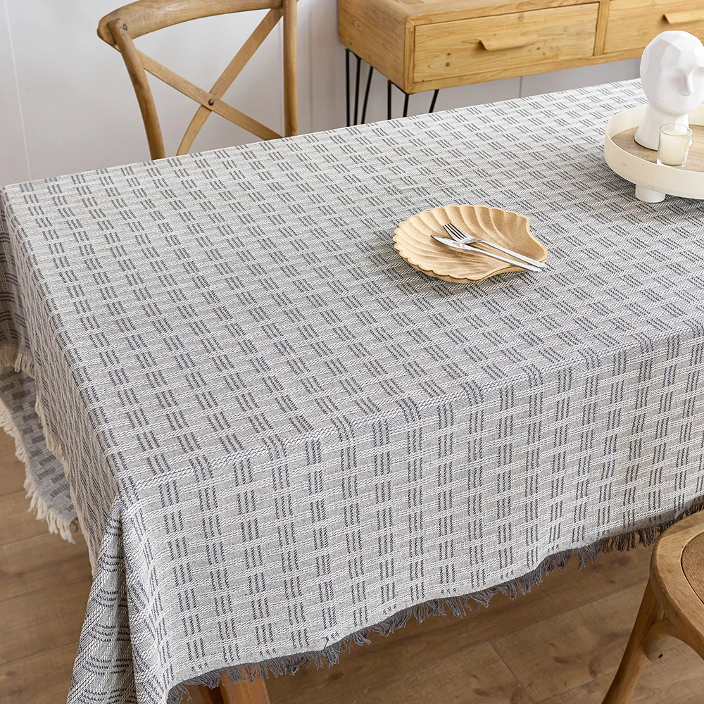 Autumn Cotton Linen Tablecloth Farmhouse Tablecloths Grey  Burlap Table Covers with Tassel for Kitchen Dinning Picnic Wedding