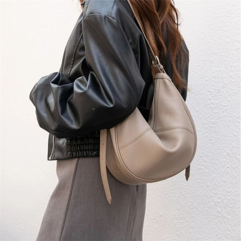 Hifashion خمر جلد طبيعي نصف القمر حقائب كتف للنساء 2025 الفاخرة مصمم Crossbody المتسوق المتشرد حقائب سيدات #2