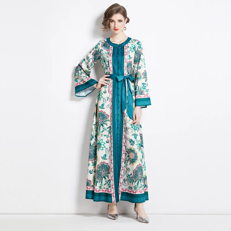 

2024 Fashion Lemon Tree Holiday Dress Women's Stand Collar Long Flare Sleeve Floral Print Lace Up Belt Robe Maxi Vestidos