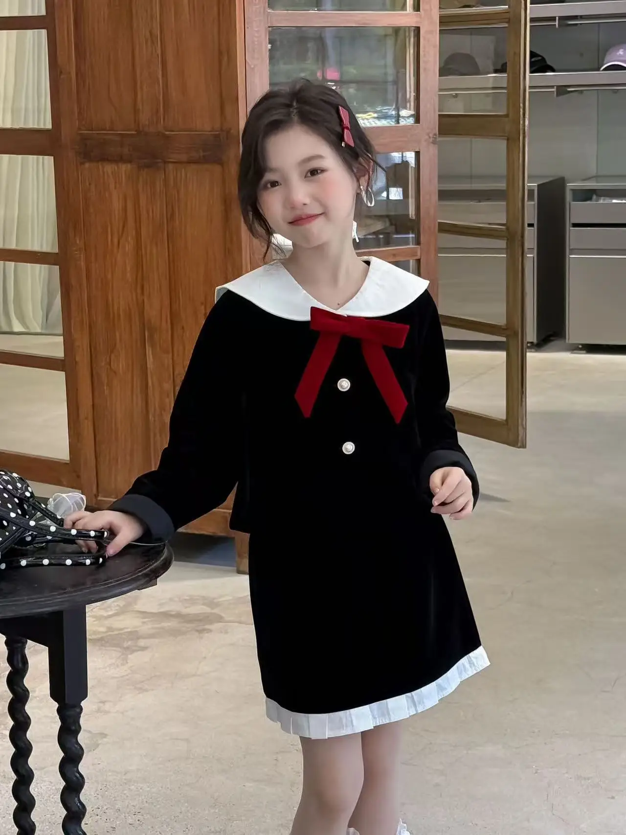 بدلة الأطفال الخريف الفتيات البحرية الرياح المخملية سترة بأكمام طويلة الدانتيل ألف خط تنورة دعوى الأوسط الكبير الأطفال قطعتين مجموعة