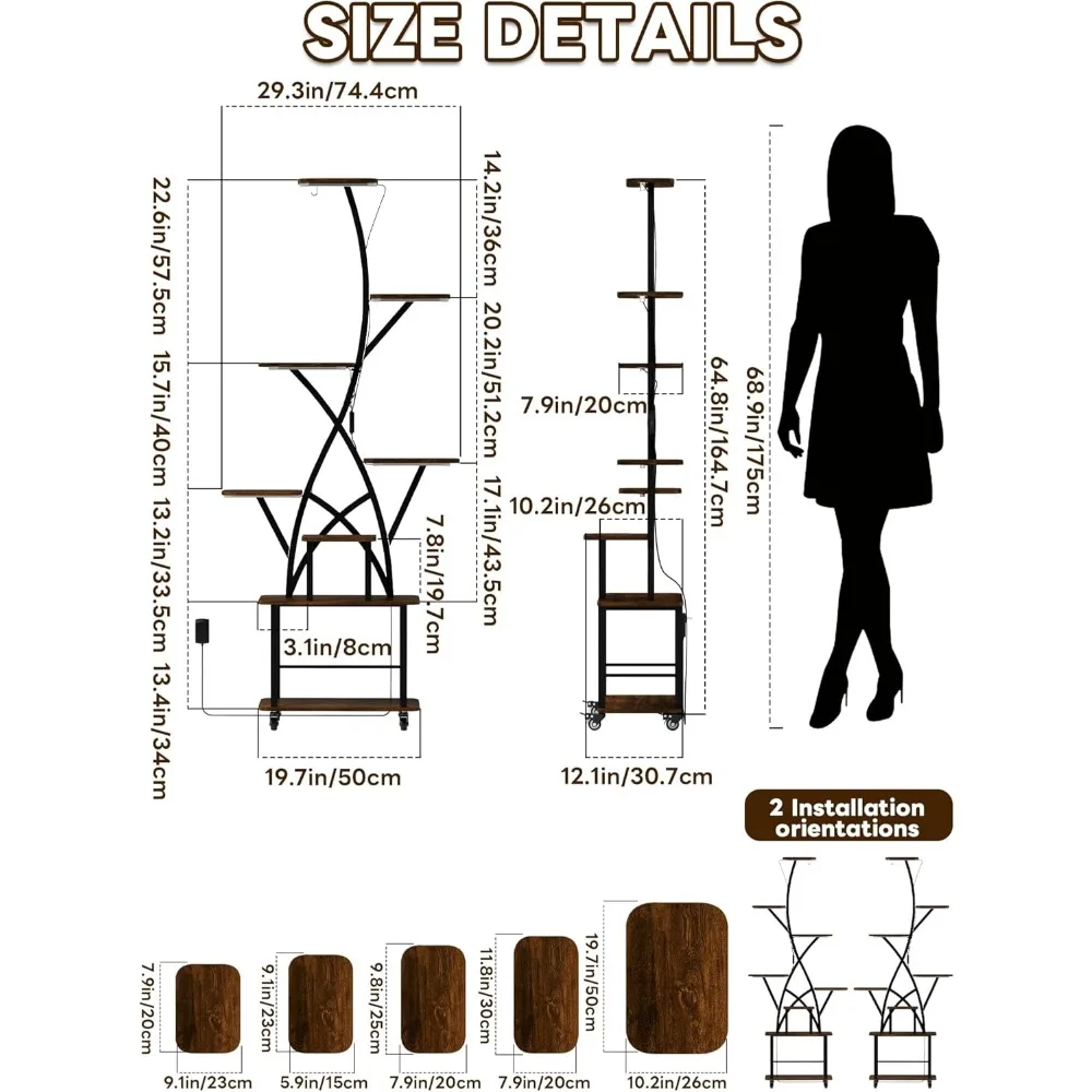 Soporte alto para plantas de interior con ruedas y luces de cultivo, 64 de altura, metal de varios niveles para iluminar plantas de esquina